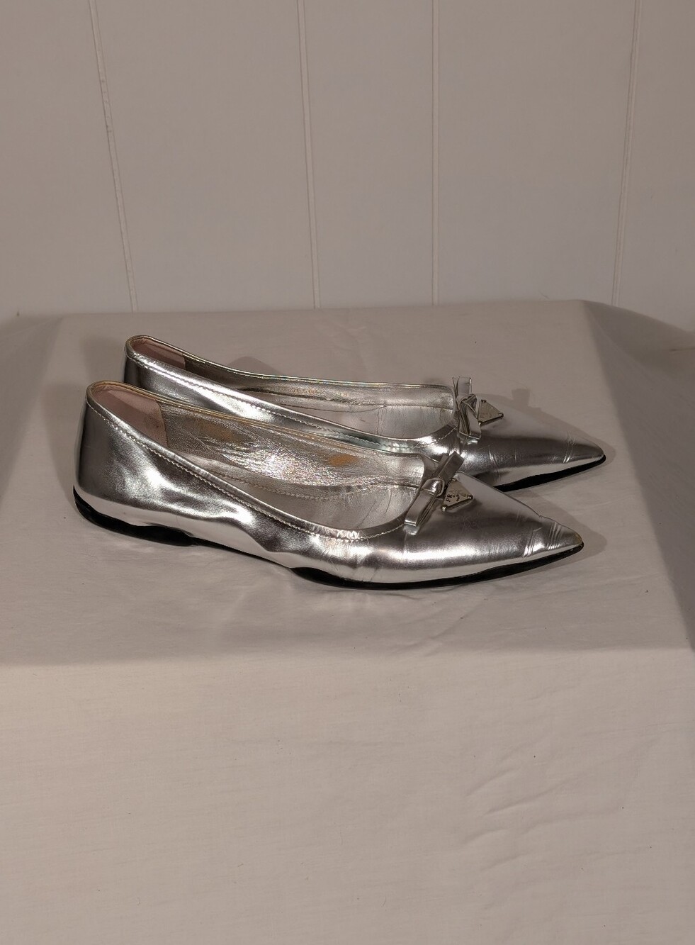 Prada Silver Pointed-Toe Leather Flats - Picture 3 of 6